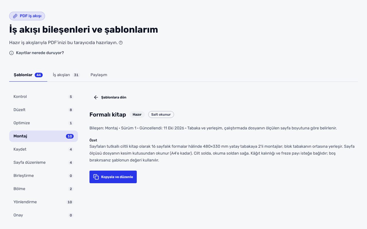 İş akışı sayfasında Formalı kitap şablonunun ayrıntı ekranı: Hazır ve Salt okunur etiketleri, özet metni ve Kopyala ve düzenle düğmesi