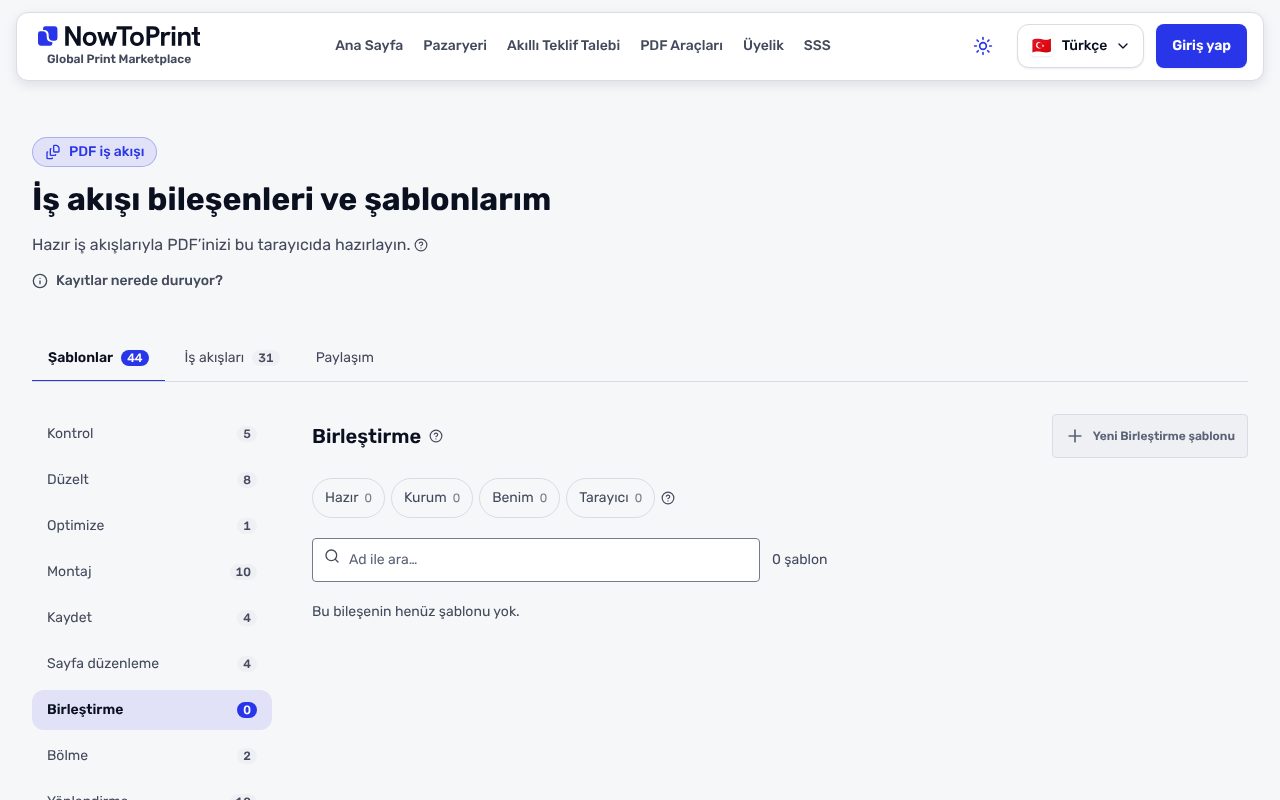 İş akışı bileşenleri ve şablonlarım sayfasında Birleştirme seçili: Bu bileşenin henüz şablonu yok mesajı