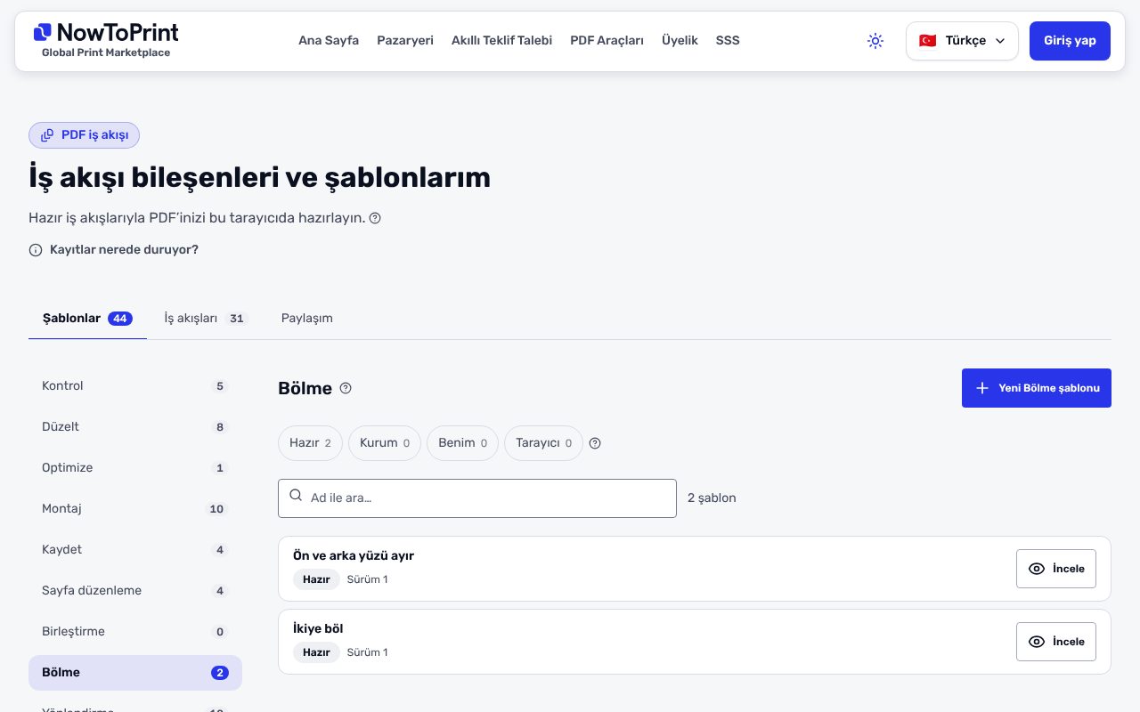 İş akışı bileşenleri ve şablonlarım sayfasında Bölme seçili: sağda Ön ve arka yüzü ayır ile İkiye böl şablonları