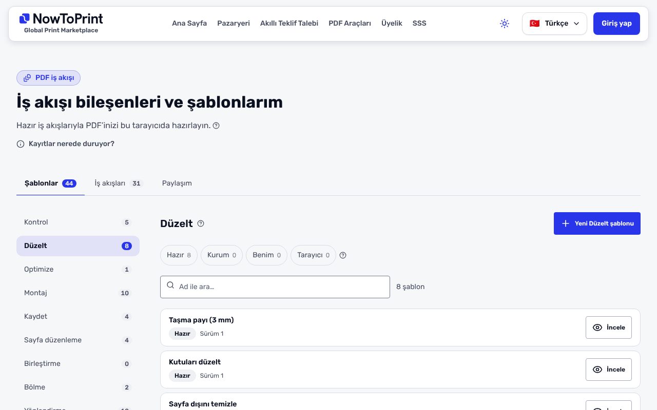İş akışı bileşenleri ve şablonlarım sayfasında Düzelt seçili: sağda Taşma payı (3 mm), Kutuları düzelt ve Sayfa dışını temizle şablonları