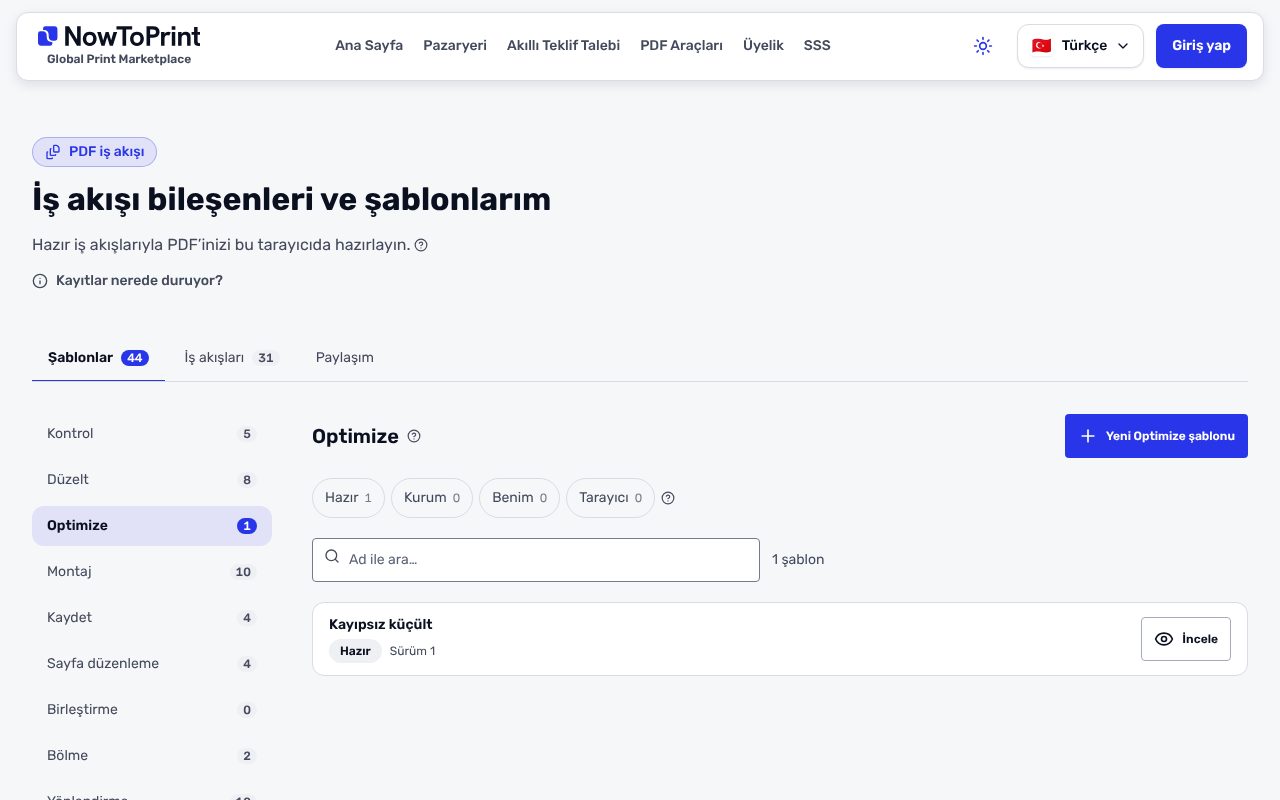 İş akışı bileşenleri ve şablonlarım sayfasında Optimize seçili: sağda tek hazır şablon, Kayıpsız küçült