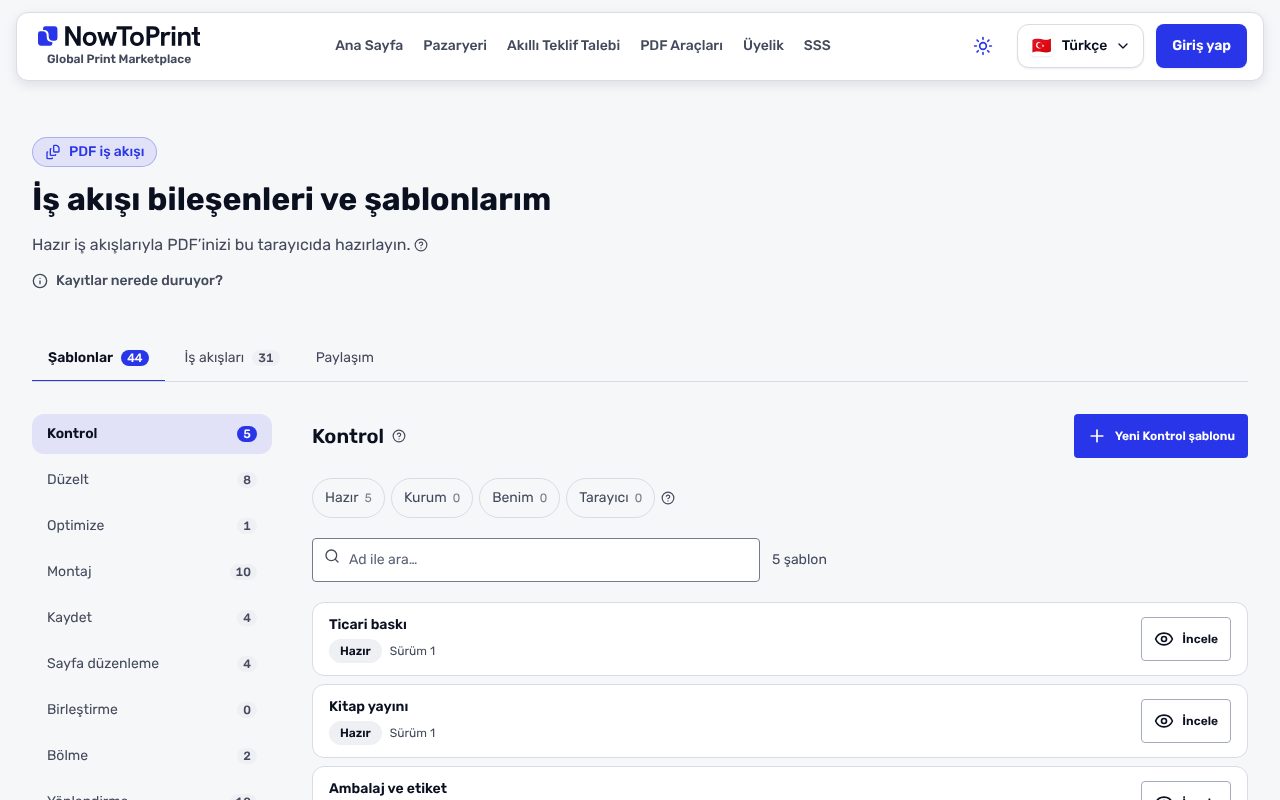 İş akışı bileşenleri ve şablonlarım sayfası: solda bileşen listesi (Kontrol, Düzelt, Optimize, Montaj, Kaydet, Sayfa düzenleme, Birleştirme, Bölme, Yönlendirme), sağda seçili Kontrol bileşeninin hazır şablonları: Ticari baskı, Kitap yayını, Ambalaj ve etiket