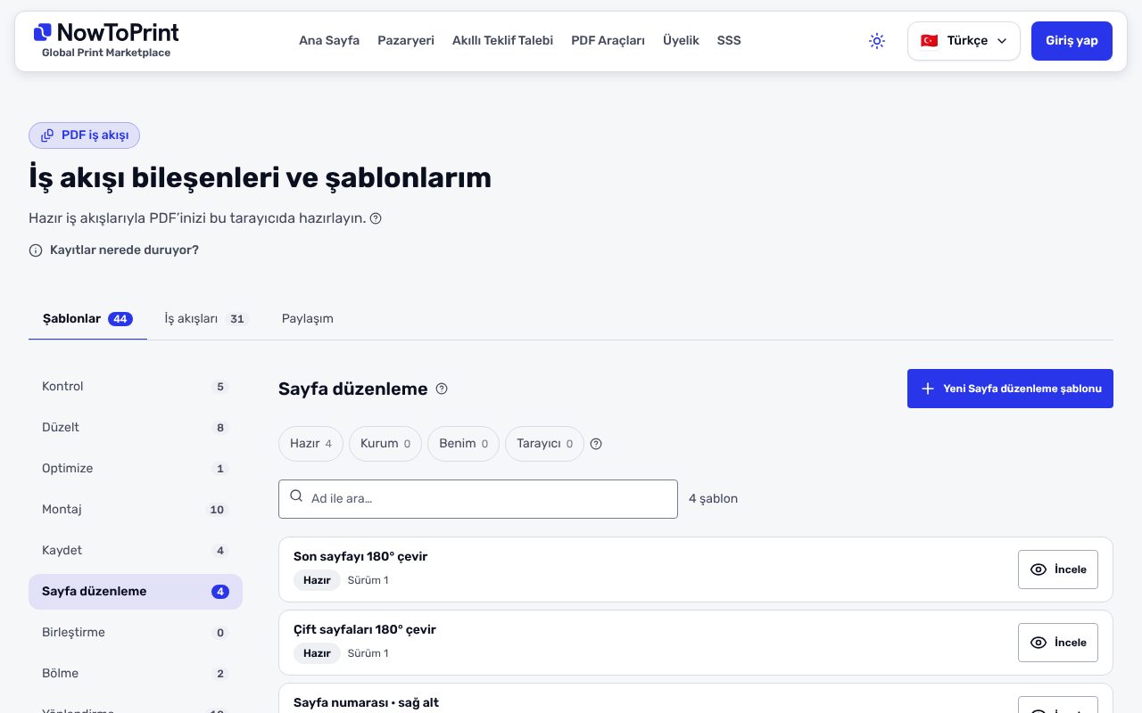 İş akışı bileşenleri ve şablonlarım sayfasında Sayfa düzenleme seçili: sağda Son sayfayı 180° çevir, Çift sayfaları 180° çevir ve Sayfa numarası · sağ alt şablonları